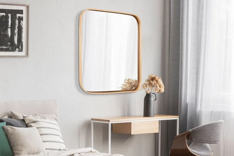 Koristepeili Wallxpert Specific (95 x 95 x 4 cm) Tammi - Valkoinen kehys tammen sävyisillä yksityiskohdilla - Sisustustuotteet - Peili