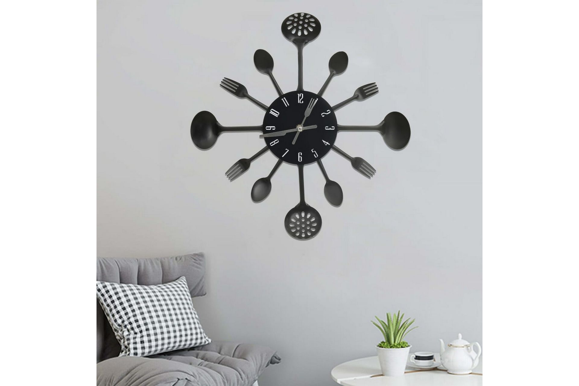 325163 Wall Clock with Spoon and Fork Design Black 40 cm Alu - Musta - Sisustustuotteet - Seinäkoristeet - Kellot