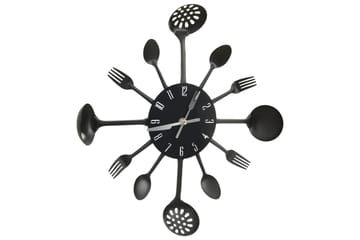 325163 Wall Clock with Spoon and Fork Design Black 40 cm Alu - Musta - Sisustustuotteet - Seinäkoristeet - Kellot