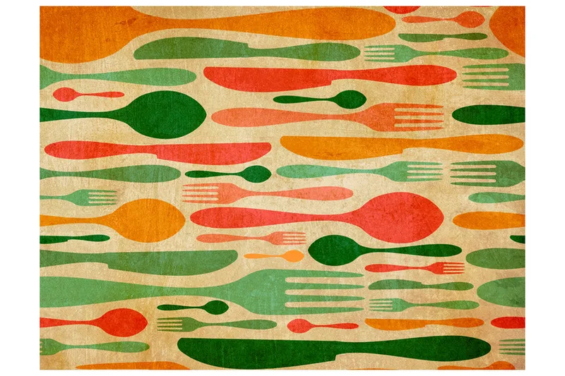 Valokuvatapetti Aterimet oranssi ja vihreä 300x231 - Artgeist sp. z o. o. - Sisustustuotteet - Seinäkoristeet - Tapetit - Valokuvatapetit