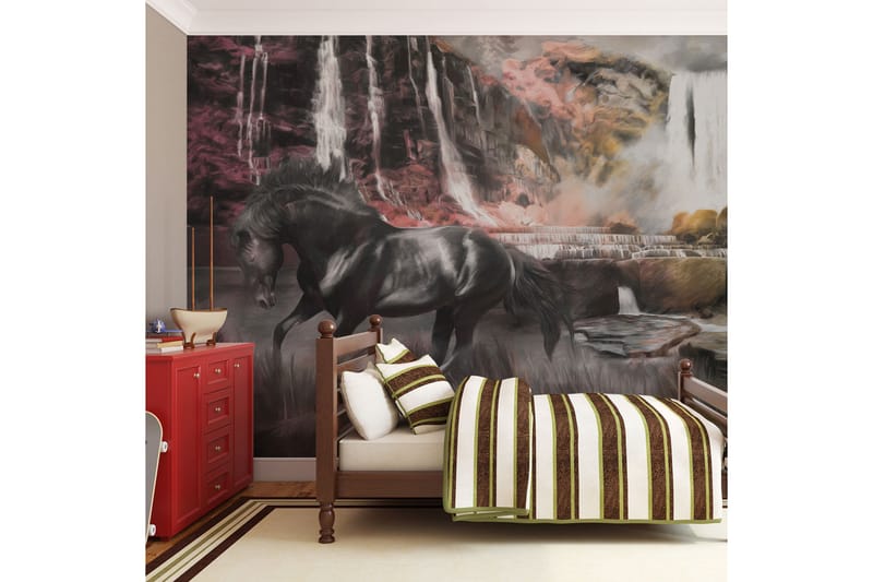 Valokuvatapetti Musta hevonen vesiputouksella 300x231 - Artgeist sp. z o. o. - Sisustustuotteet - Seinäkoristeet - Tapetit - Valokuvatapetit
