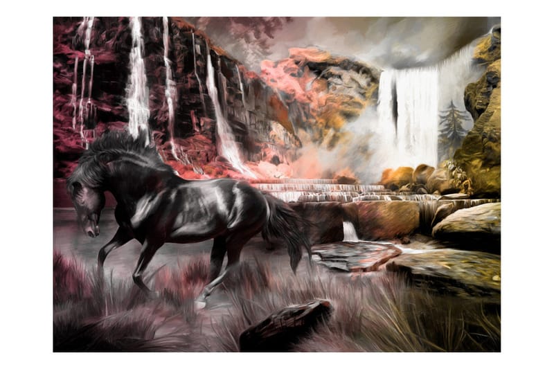 Valokuvatapetti Musta hevonen vesiputouksella 400x309, Artgeist sp. z o. o.