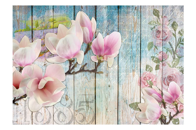 Valokuvatapetti Pink Flowers On Wood 300x210 - Artgeist sp. z o. o. - Sisustustuotteet - Seinäkoristeet - Tapetit - Valokuvatapetit