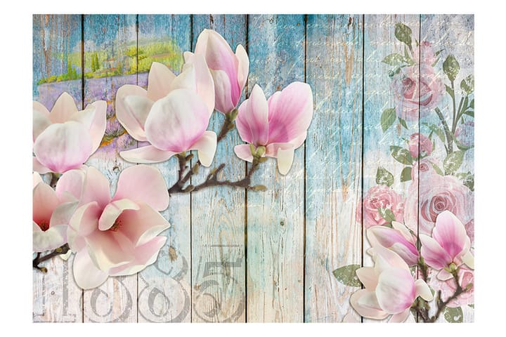 Valokuvatapetti Pink Flowers On Wood 300x210 - Artgeist sp. z o. o. - Valokuvatapetit