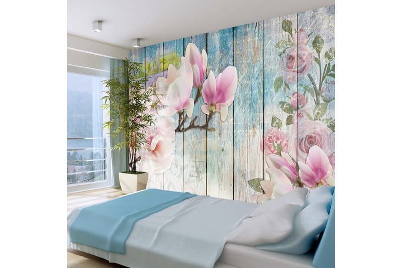 Valokuvatapetti Pink Flowers On Wood 300x210, Artgeist sp. z o. o.