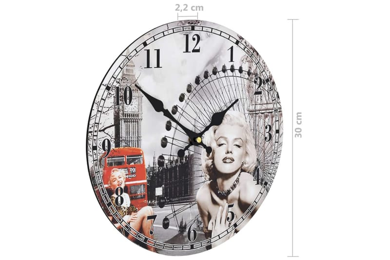Vintagetyylinen seinäkello Marilyn Monroe 30 cm - Monivärinen - Sisustustuotteet - Seinäkoristeet - Kellot