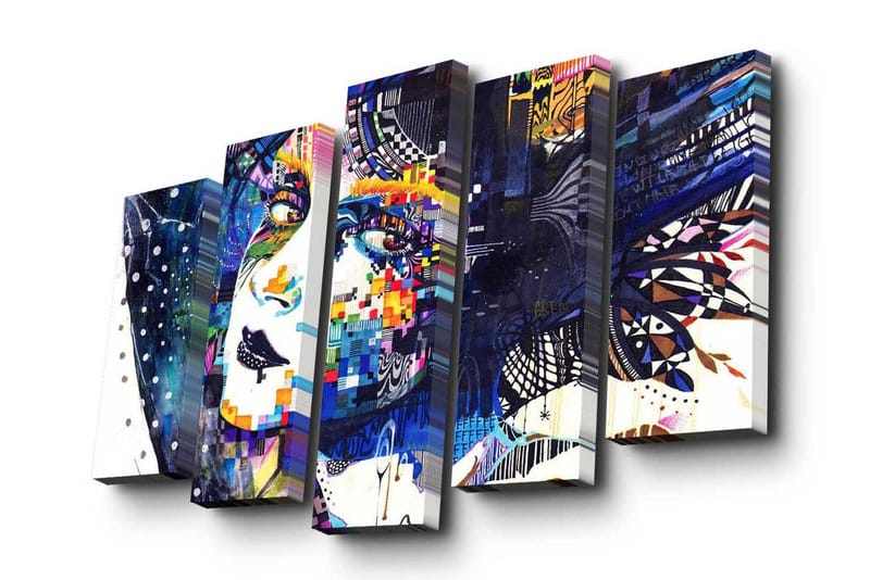 5-osainen canvas-taulu 82x50 cm - Abstrakti muotokuva värikkäillä geometrisilla elementeillä, Sininen / Valkoinen / Violetti