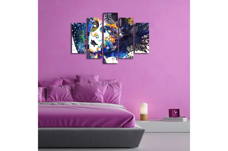 5-osainen canvas-taulu 82x50 cm - Abstrakti muotokuva värikkäillä geometrisilla elementeillä - Sininen / Valkoinen / Violetti - Sisustustuotteet - Taulu & taide - Canvas-taulu