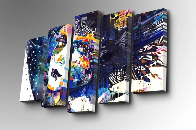 5-osainen canvas-taulu 82x50 cm - Abstrakti muotokuva värikkäillä geometrisilla elementeillä - Sininen / Valkoinen / Violetti - Sisustustuotteet - Taulu & taide - Canvas-taulu