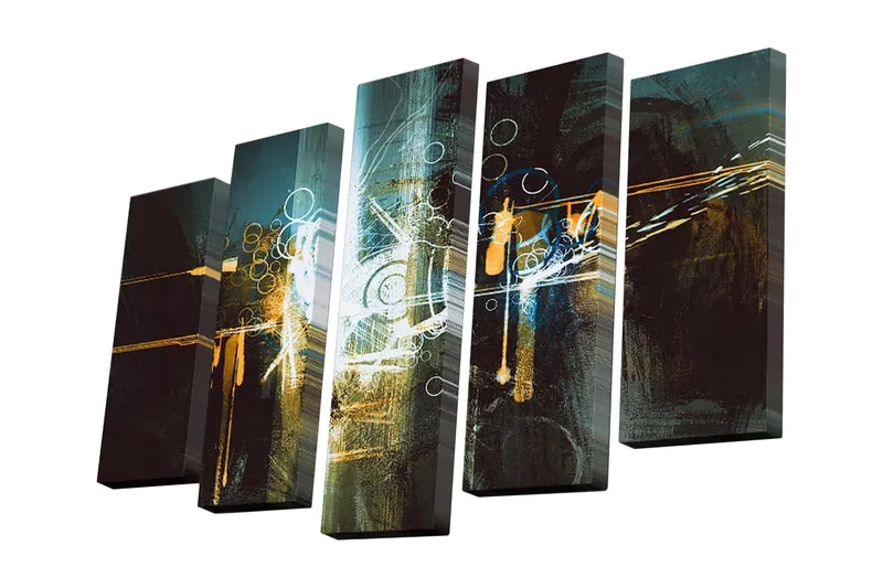 5-osainen canvas-taulu 82x50 cm - Abstrakti sommitelma kirkkailla viivoilla ja ympyröillä, Tummansininen / Kulta / Musta