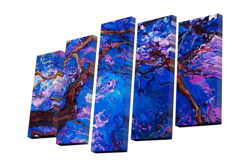5-osainen canvas-taulu 82x50 cm - Abstrakti sommitelma kukilla ja puiden oksilla, Tummansininen / Violetti / Ruskea
