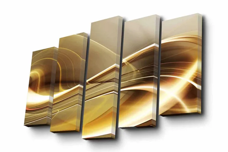 5-osainen canvas-taulu 82x50 cm - Abstrakti sommitelma kultaisilla ja kirkkailla viivoilla, Kulta / Beige / Valkoinen