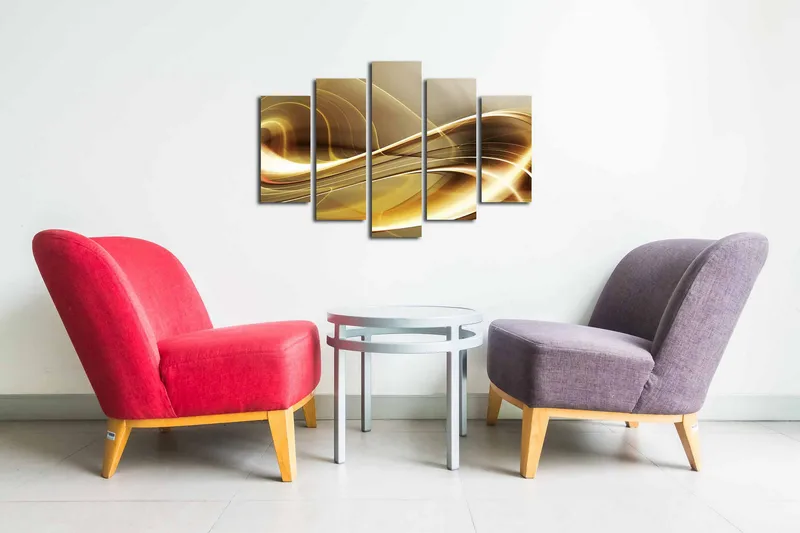 5-osainen canvas-taulu 82x50 cm - Abstrakti sommitelma kultaisilla ja kirkkailla viivoilla - Kulta / Beige / Valkoinen - Sisustustuotteet - Taulu & taide - Canvas-taulu