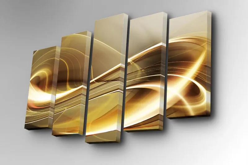5-osainen canvas-taulu 82x50 cm - Abstrakti sommitelma kultaisilla ja kirkkailla viivoilla - Kulta / Beige / Valkoinen - Sisustustuotteet - Taulu & taide - Canvas-taulu
