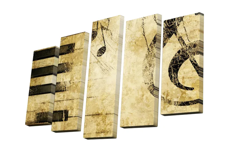 5-osainen canvas-taulu 82x50 cm - Abstrakti sommitelma musiikillisilla elementeillä, Kulta / Musta / Beige