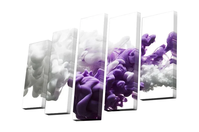 5-osainen canvas-taulu 82x50 cm - Abstrakti sommitelma violeteista ja valkoisista väriräjähdyksistä, Violetti / Valkoinen