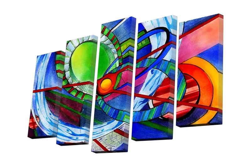 5-osainen canvas-taulu 82x50 cm - Abstrakti sommitelma ympyröillä ja viivoilla, Vihreä / Punainen / Sininen