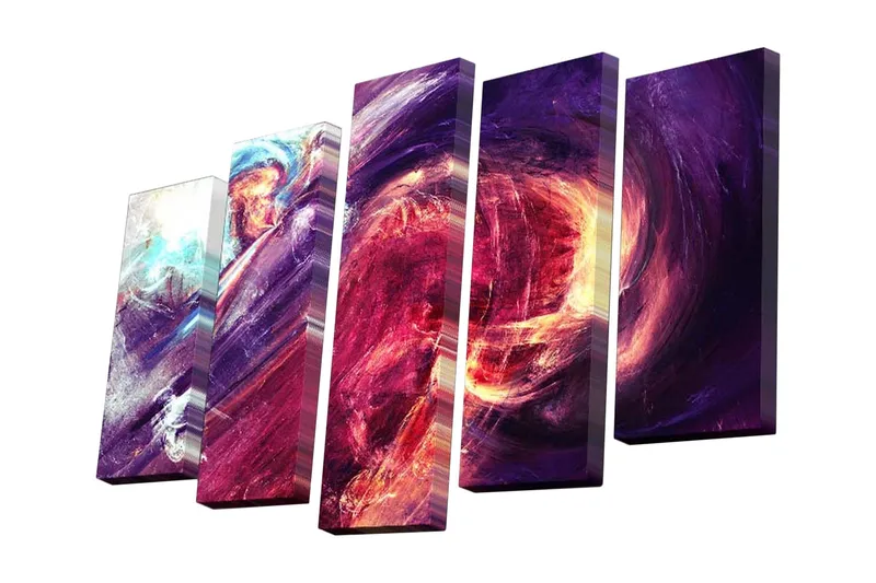 5-osainen canvas-taulu 82x50 cm - Abstrakti sommitelma pyörteilevillä väreillä, Violetti / Punainen / Sininen