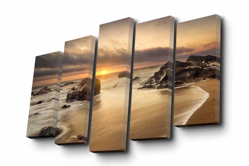 5-osainen canvas-taulu 82x50 cm - Auringonlasku rannalla kivien ja lempeiden aaltojen keskellä, Kulta / Harmaa / Beige