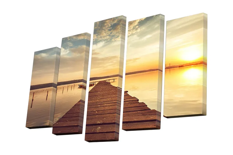 5-osainen canvas-taulu 82x50 cm - Auringonlasku tyynen järven yllä, etualalla puinen laituri, Kulta / Oranssi / Ruskea