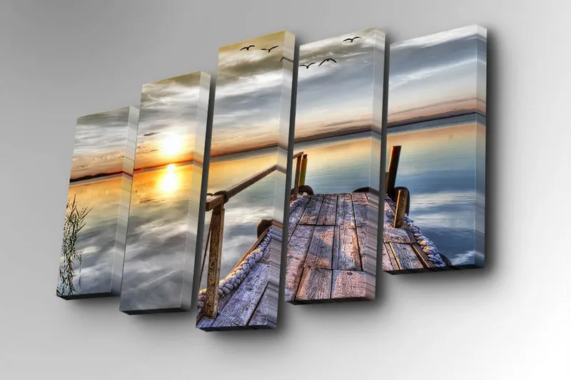 5-osainen canvas-taulu 82x50 cm - Auringonlasku peilimäisen järven yllä laituri etualalla - Oranssi / Sininen / Harmaa - Sisustustuotteet - Taulu & taide - Canvas-taulu
