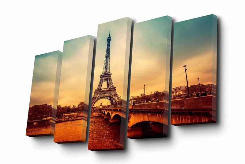 5-osainen canvas-taulu 82x50 cm - Eiffel-torni romanttisessa kaupunkikuvassa auringonlaskun aikaan, Oranssi / Sininen / Beige