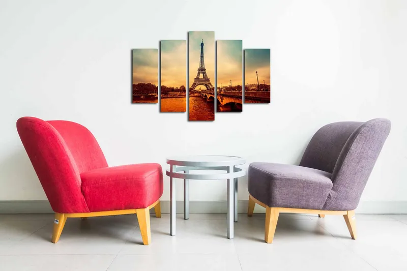 5-osainen canvas-taulu 82x50 cm - Eiffel-torni romanttisessa kaupunkikuvassa auringonlaskun aikaan - Oranssi / Sininen / Beige - Sisustustuotteet - Taulu & taide - Canvas-taulu