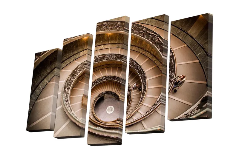 5-osainen canvas-taulu 82x50 cm - Elegantin portaikon spiraalit yksityiskohtaisilla koristeilla - Beige / Ruskea / Kulta - Sisustustuotteet - Taulu & taide - Canvas-taulu
