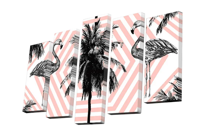 5-osainen canvas-taulu 82x50 cm - Flamingoja palmujen ja geometristen kuvioiden ympäröimänä, Vaaleanpunainen / Musta / Valkoinen