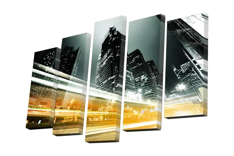 5-osainen canvas-taulu 82x50 cm - Futuristinen kaupunkikuva pilvenpiirtäjillä ja ajoneuvojen valovanoilla, Musta / Harmaa / Oranssi