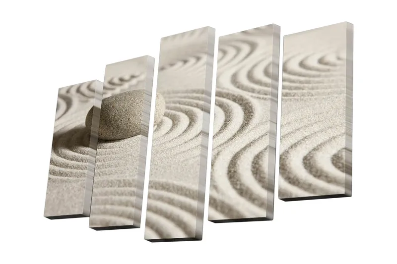 5-osainen canvas-taulu 82x50 cm - Harmoninen hiekkasävellys, jossa pyöreä kivi keskipisteenä, Hiekanbeige / Vaaleanharmaa