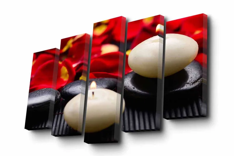 5-osainen canvas-taulu 82x50 cm - Harmoninen sommitelma kynttilöistä ja kivistä, joita ympäröivät ruusun terälehdet, Punainen / Musta / Valkoinen