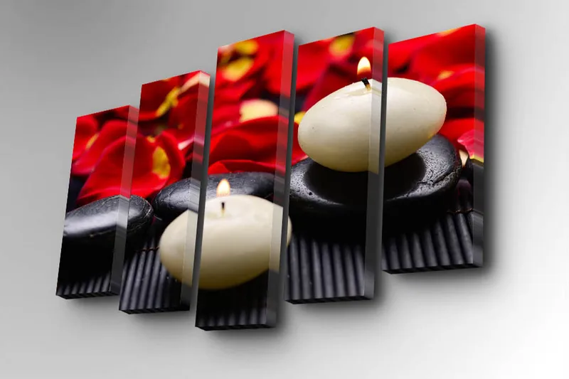 5-osainen canvas-taulu 82x50 cm - Harmoninen sommitelma kynttilöistä ja kivistä, joita ympäröivät ruusun terälehdet - Punainen / Musta / Valkoinen - Sisustustuotteet - Taulu & taide - Canvas-taulu