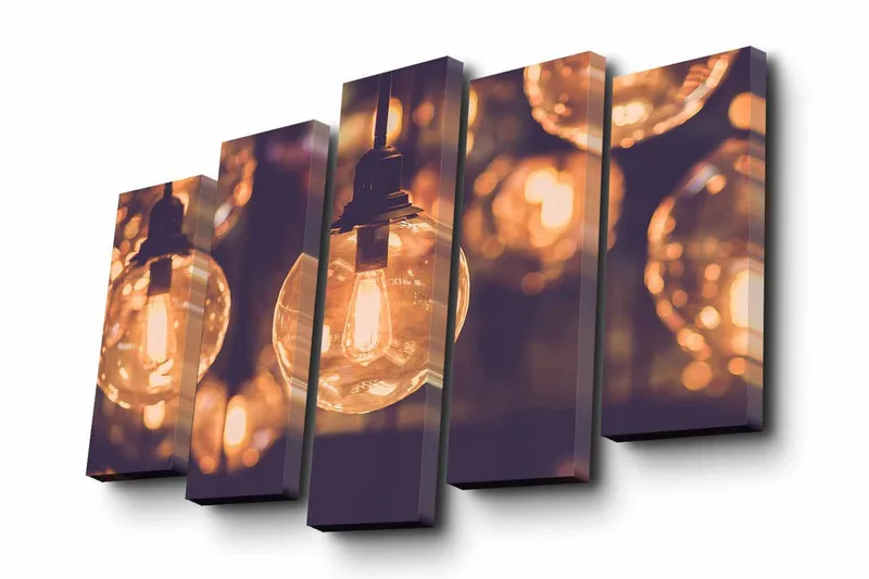 5-osainen canvas-taulu 82x50 cm - Hehkuvia lamppuja pehmeässä bokeh-efektissä, Kulta / Tummanruskea / Läpinäkyvä