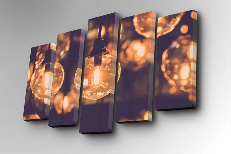 5-osainen canvas-taulu 82x50 cm - Hehkuvia lamppuja pehmeässä bokeh-efektissä - Kulta / Tummanruskea / Läpinäkyvä - Sisustustuotteet - Taulu & taide - Canvas-taulu