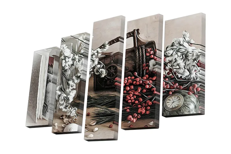 5-osainen canvas-taulu 82x50 cm - Hiljaisuus kukkien ja vanhan kellon kanssa, Valkoinen / Punainen / Ruskea