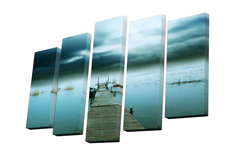5-osainen canvas-taulu 82x50 cm - Hiljaisuus laiturilla sumuisessa maisemassa, Sininen / Harmaa