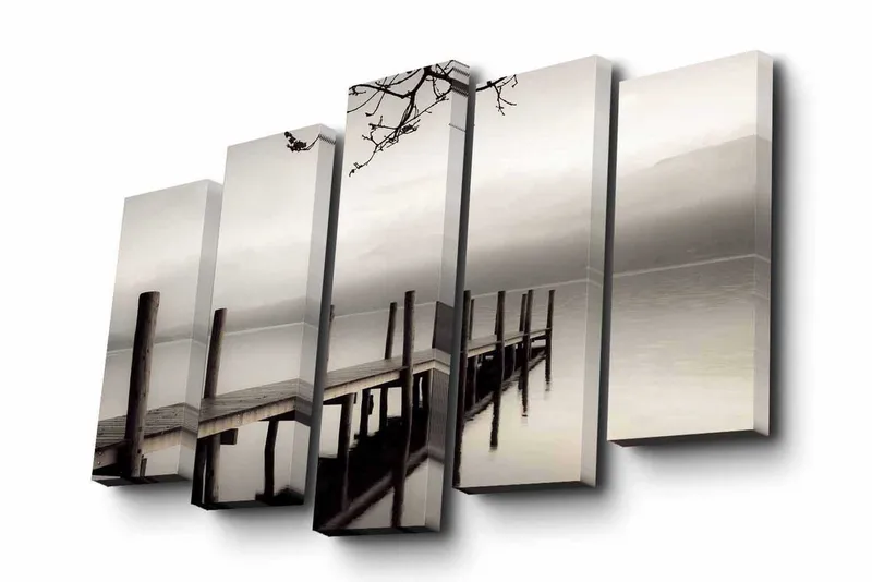 5-osainen canvas-taulu 82x50 cm - Hiljaisuutta laiturilla sumussa, Harmaa / Musta / Valkoinen