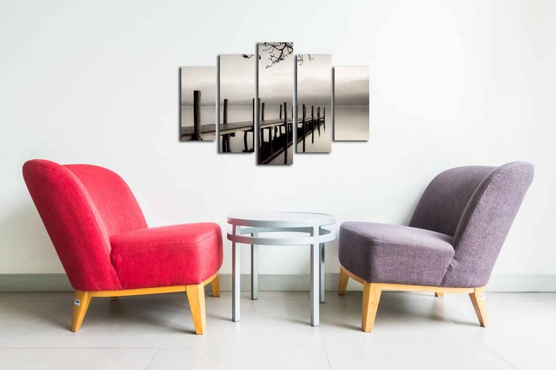 5-osainen canvas-taulu 82x50 cm - Hiljaisuutta laiturilla sumussa - Harmaa / Musta / Valkoinen - Sisustustuotteet - Taulu & taide - Canvas-taulu