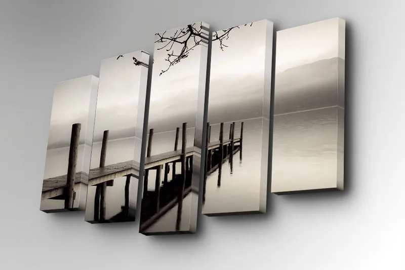 5-osainen canvas-taulu 82x50 cm - Hiljaisuutta laiturilla sumussa - Harmaa / Musta / Valkoinen - Sisustustuotteet - Taulu & taide - Canvas-taulu