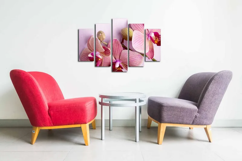 5-osainen canvas-taulu 82x50 cm - Ihana orkidea vaaleanpunaisissa sävyissä - Vaaleanpunainen / Violetti / Vihreä - Sisustustuotteet - Taulu & taide - Canvas-taulu