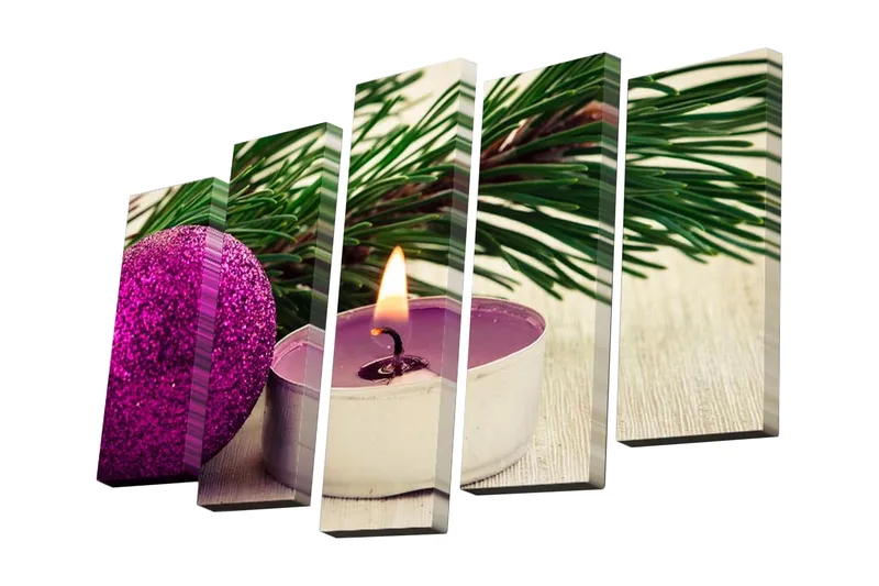 5-osainen canvas-taulu 82x50 cm - Joulukoriste violetilla joulukuusenpallolla ja palavalla kynttilällä, Violetti / Vihreä / Hopea