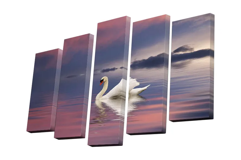 5-osainen canvas-taulu 82x50 cm - Joutsen ui peilimäisessä järvessä hämärässä, Valkoinen / Vaaleanpunainen / Sininen