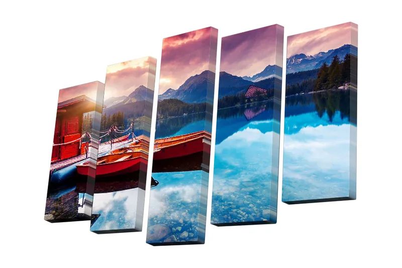 5-osainen canvas-taulu 82x50 cm - Kaunis järvimaisema ja soutuveneitä rannalla, Punainen / Sininen / Vihreä