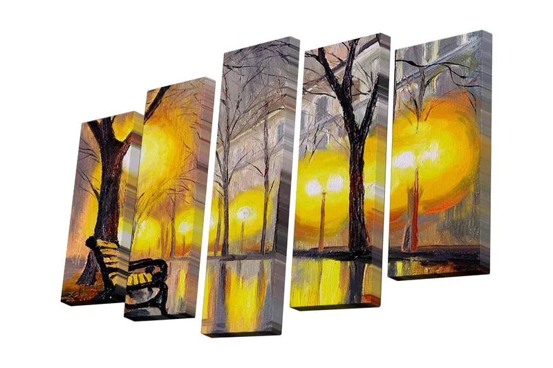 5-osainen canvas-taulu 82x50 cm - Kaunis kaupunkipuisto, jossa on penkki kullankeltaisten lamppujen alla ja paljaita puita, Kullankeltainen / Musta / Harmaa