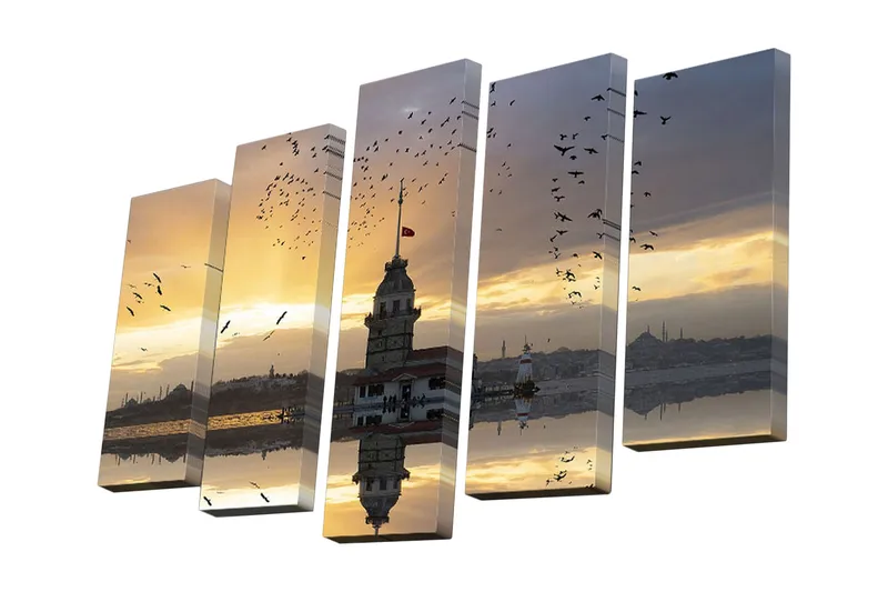 5-osainen canvas-taulu 82x50 cm - Kaunis näkymä historiallisesta tornista auringonlaskun aikaan lintujen lentäessä veden yllä, Kulta / Sininen / Harmaa