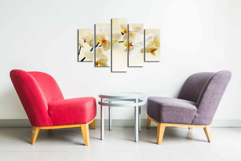 5-osainen canvas-taulu 82x50 cm - Kaunis orkidea pehmeissä sävyissä - Valkoinen / Keltainen - Sisustustuotteet - Taulu & taide - Canvas-taulu