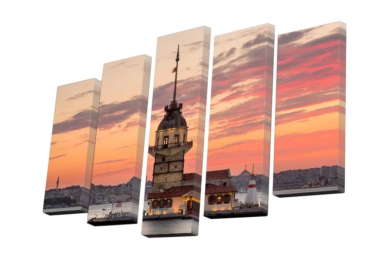 5-osainen canvas-taulu 82x50 cm - Kaunis siluetti historiallisesta tornista auringonlaskun aikaan, Oranssi / Vaaleanpunainen / Sininen