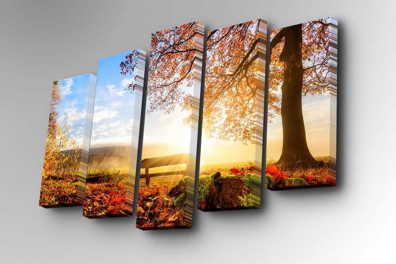 5-osainen canvas-taulu 82x50 cm - Kaunis syysmaisema värikkäillä puilla ja auringonlaskulla - Oranssi / Keltainen / Sininen - Sisustustuotteet - Taulu & taide - Canvas-taulu