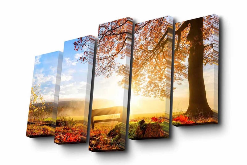 5-osainen canvas-taulu 82x50 cm - Kaunis syysmaisema värikkäillä puilla ja auringonlaskulla - Oranssi / Keltainen / Sininen - Sisustustuotteet - Taulu & taide - Canvas-taulu